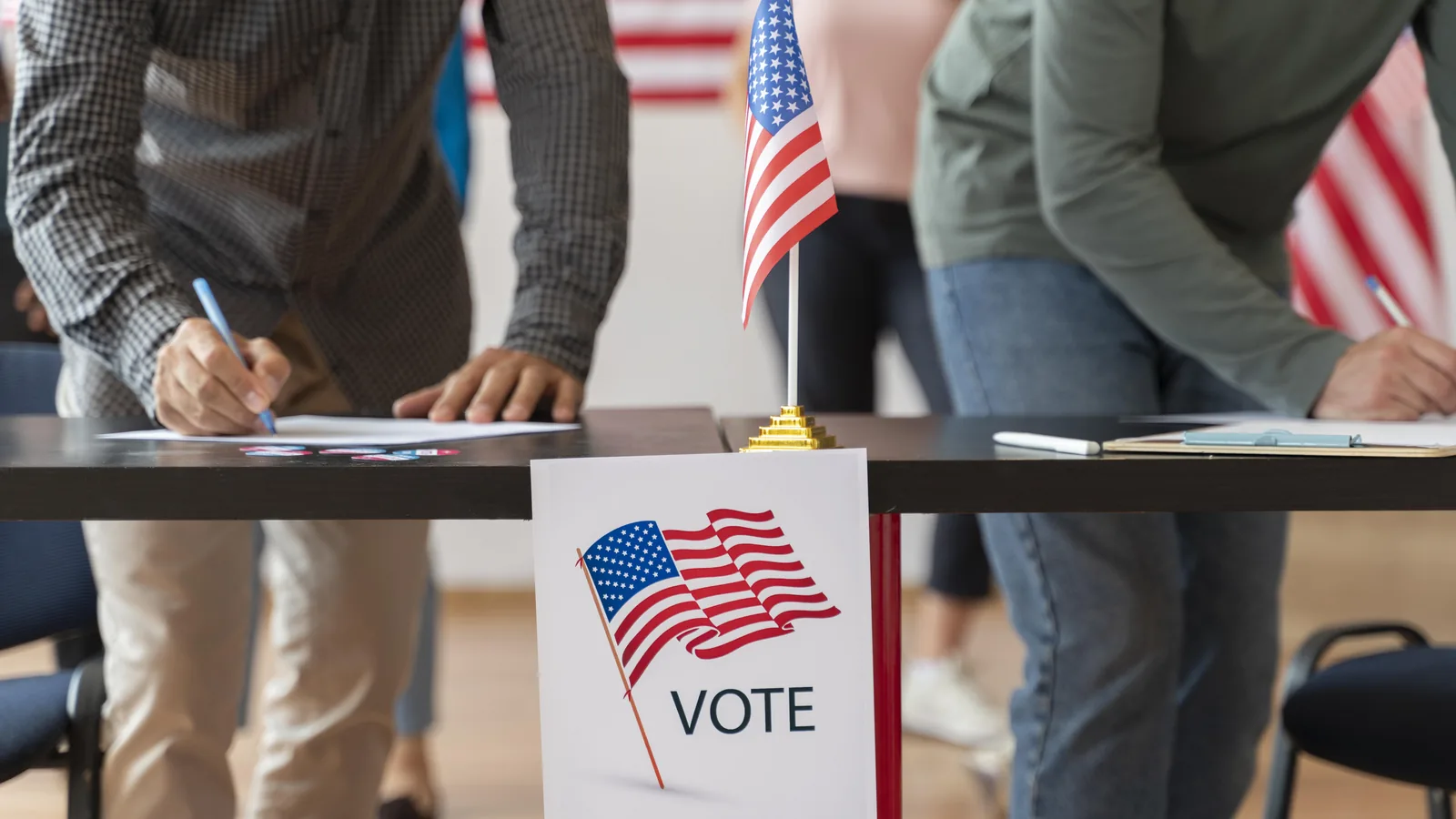 Voters sign in at a registration table with a VOTE sign and US flags.