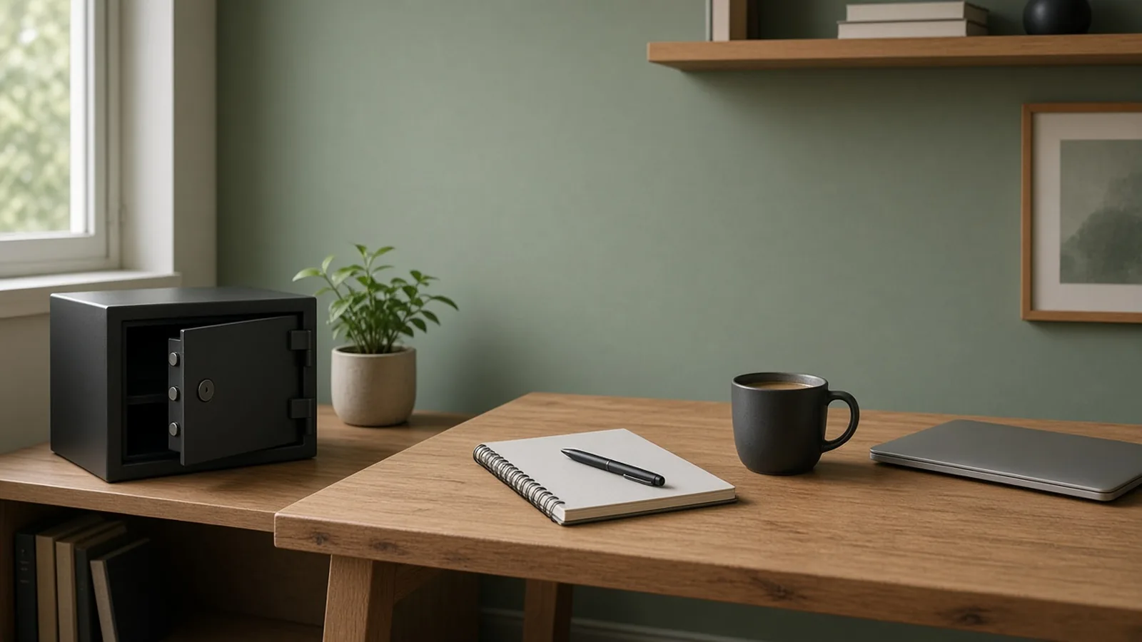 Illustration of a home office desk with a notebook and coffee beside a small open home safe.