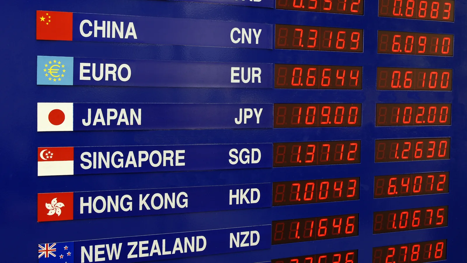 A currency exchange board listing rates for Canada, China, the euro, Japan, Singapore and Hong Kong.