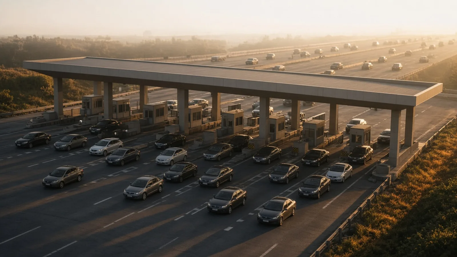 Illustration of cars queuing at a highway toll plaza at golden hour.