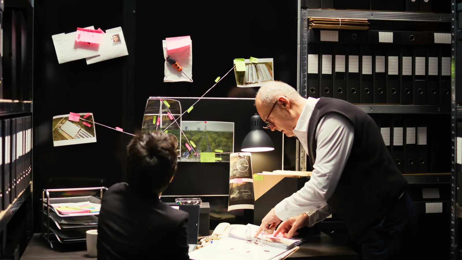Investigators examine case files and evidence in a dim records room.