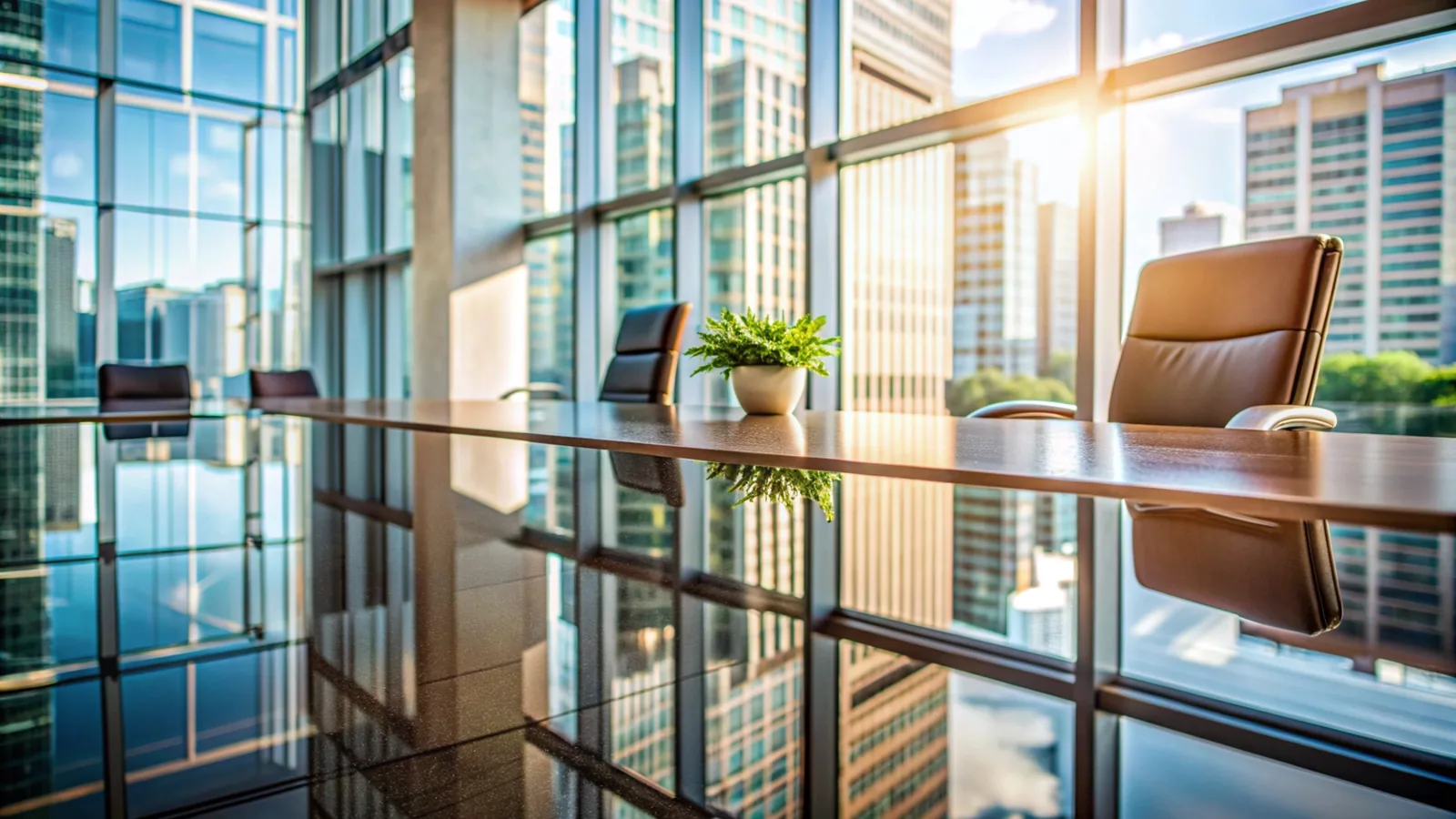 An empty modern boardroom with floor-to-ceiling windows over a city.