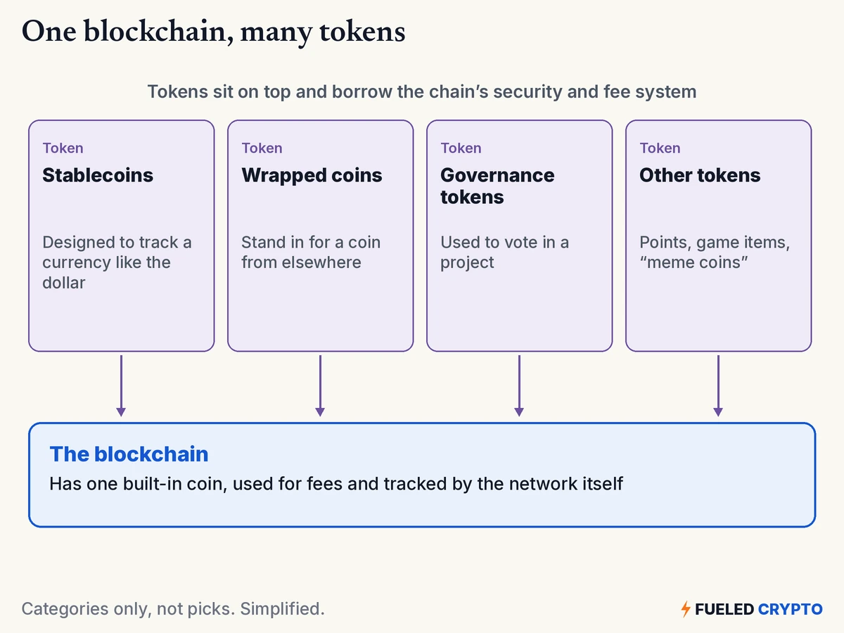 Four token categories sit on top of one blockchain: stablecoins, designed to track a currency like the dollar; wrapped coins, which stand in for a coin from elsewhere; governance tokens, used to vote in a project; and other tokens, such as points, game items and meme coins. The blockchain underneath has one built-in coin, used for fees and tracked by the network itself.