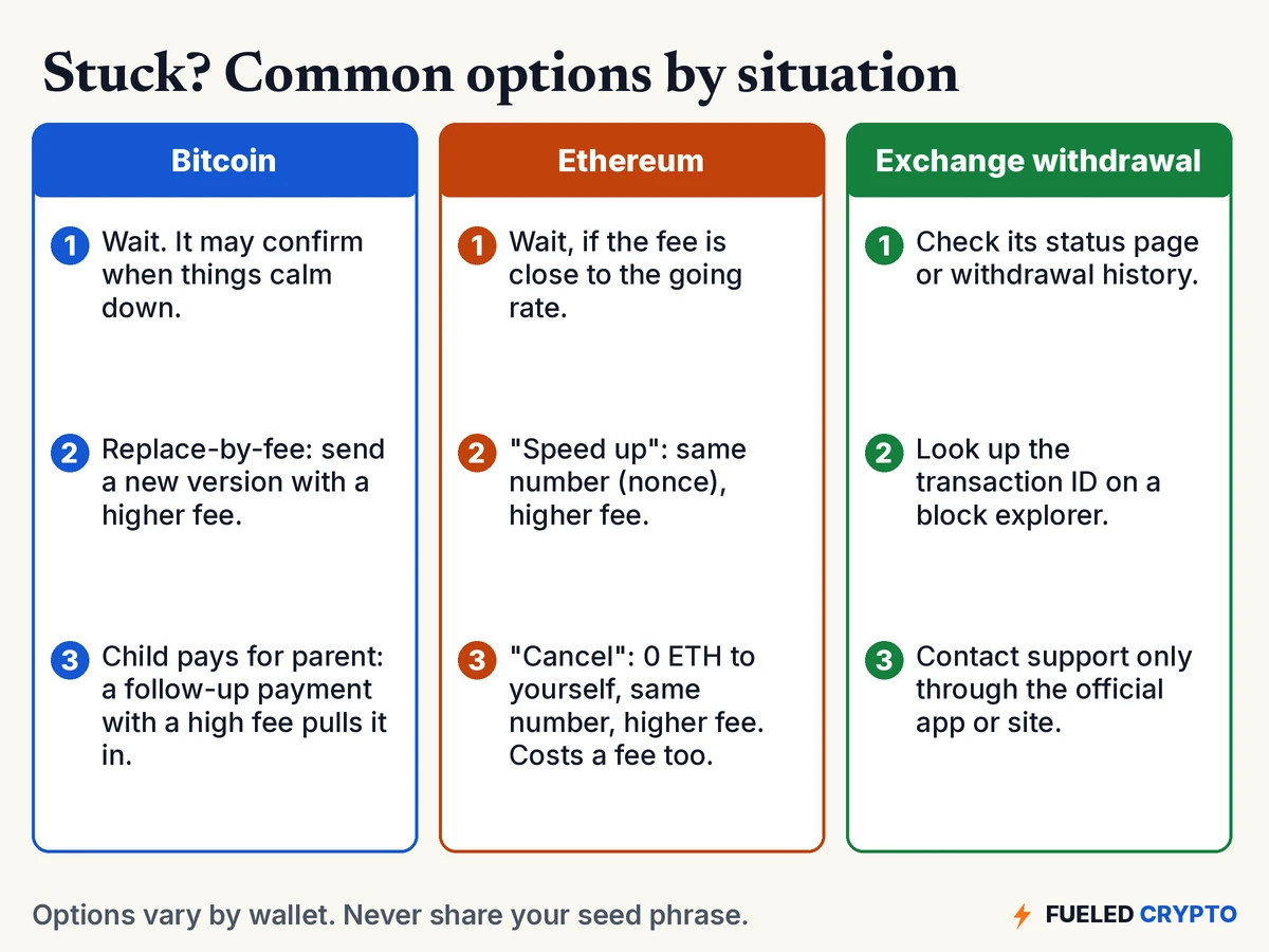 Common options for a stuck transaction. Bitcoin: wait, replace-by-fee, or child pays for parent. Ethereum: wait, speed up with the same nonce and a higher fee, or cancel by sending 0 ETH to yourself with the same nonce. Exchange withdrawal: check its status page, look up the transaction ID, contact support through official channels.