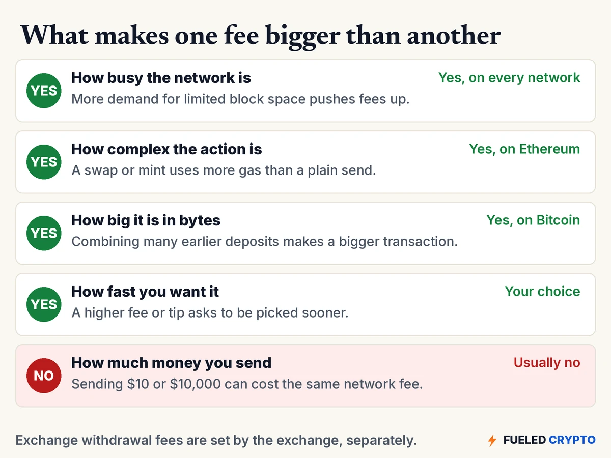 Five factors that affect a network fee: how busy the network is, how complex the action is, how big the transaction is in bytes, how fast you want it, and, usually not, how much money you send.