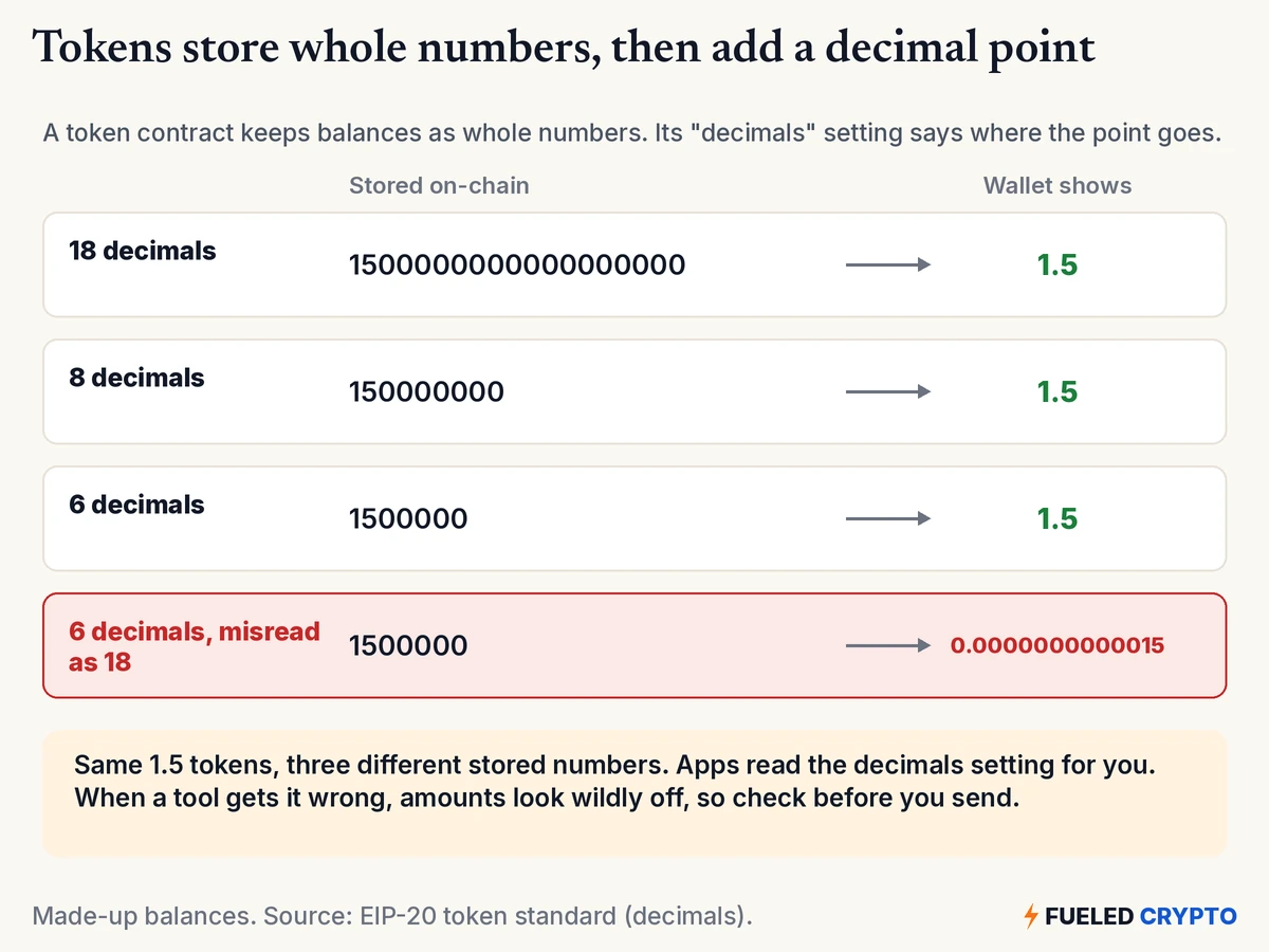 A table of made-up balances. With 18 decimals, 1500000000000000000 stored on-chain shows as 1.5. With 8 decimals, 150000000 shows as 1.5. With 6 decimals, 1500000 shows as 1.5. A fourth row, highlighted in red, shows a 6-decimal balance of 1500000 misread as 18 decimals, which shows as 0.0000000000015. A note says apps read the decimals setting for you, and when a tool gets it wrong, amounts look wildly off.
