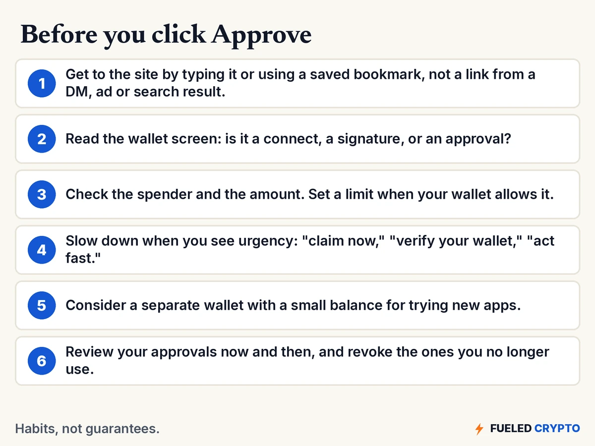 A six-item checklist titled Before you click Approve: get to the site by typing it or using a saved bookmark; read the wallet screen to see if it is a connect, a signature or an approval; check the spender and amount and set a limit when you can; slow down when you see urgency; consider a separate wallet with a small balance for trying new apps; review and revoke approvals now and then.