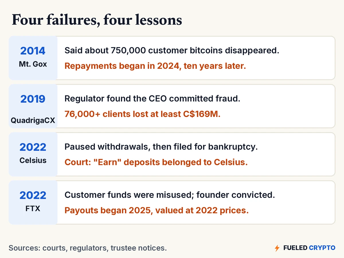 Four past failures. 2014, Mt. Gox: said about 750,000 customer bitcoins disappeared; repayments began in 2024, ten years later. 2019, QuadrigaCX: regulator found the CEO committed fraud; 76,000-plus clients lost at least 169 million Canadian dollars. 2022, Celsius: paused withdrawals, then filed for bankruptcy; court ruled "Earn" deposits belonged to Celsius. 2022, FTX: customer funds were misused and the founder was convicted; payouts began in 2025, valued at 2022 prices.