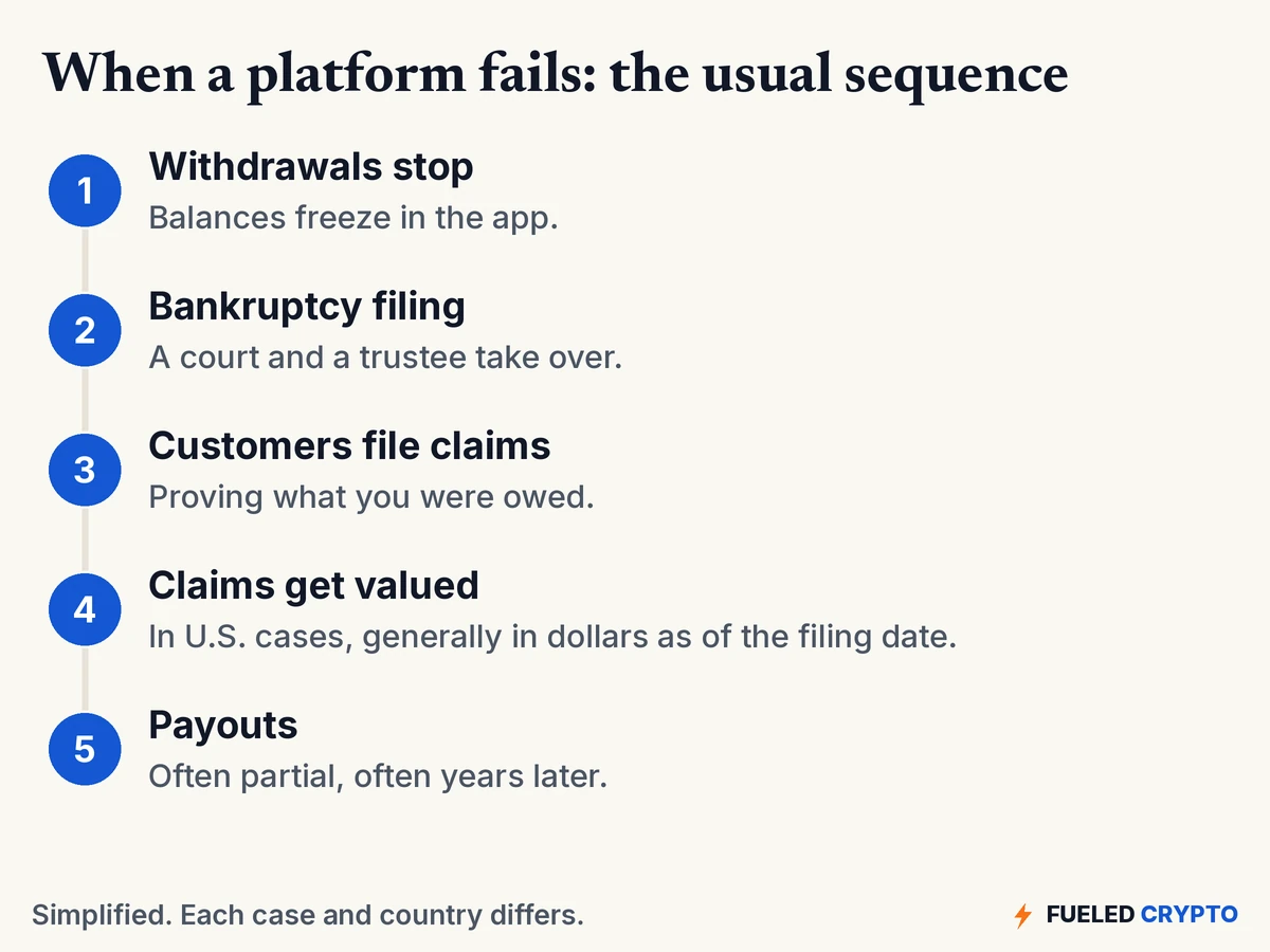 Five steps. 1: Withdrawals stop and balances freeze in the app. 2: Bankruptcy filing, and a court and trustee take over. 3: Customers file claims proving what they were owed. 4: Claims get valued, in U.S. cases generally in dollars as of the filing date. 5: Payouts, often partial and often years later.