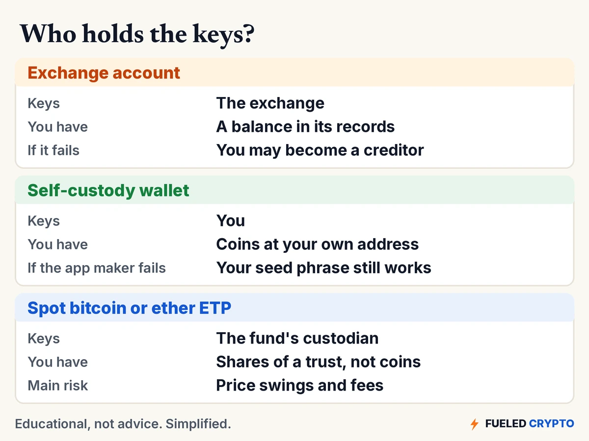 Three setups. Exchange account: the exchange holds the keys, you have a balance in its records, and if it fails you may become a creditor. Self-custody wallet: you hold the keys, you have coins at your own address, and if the app maker fails your seed phrase still works. Spot bitcoin or ether ETP: the fund's custodian holds the keys, you have shares of a trust rather than coins, and the main risks are price swings and fees.