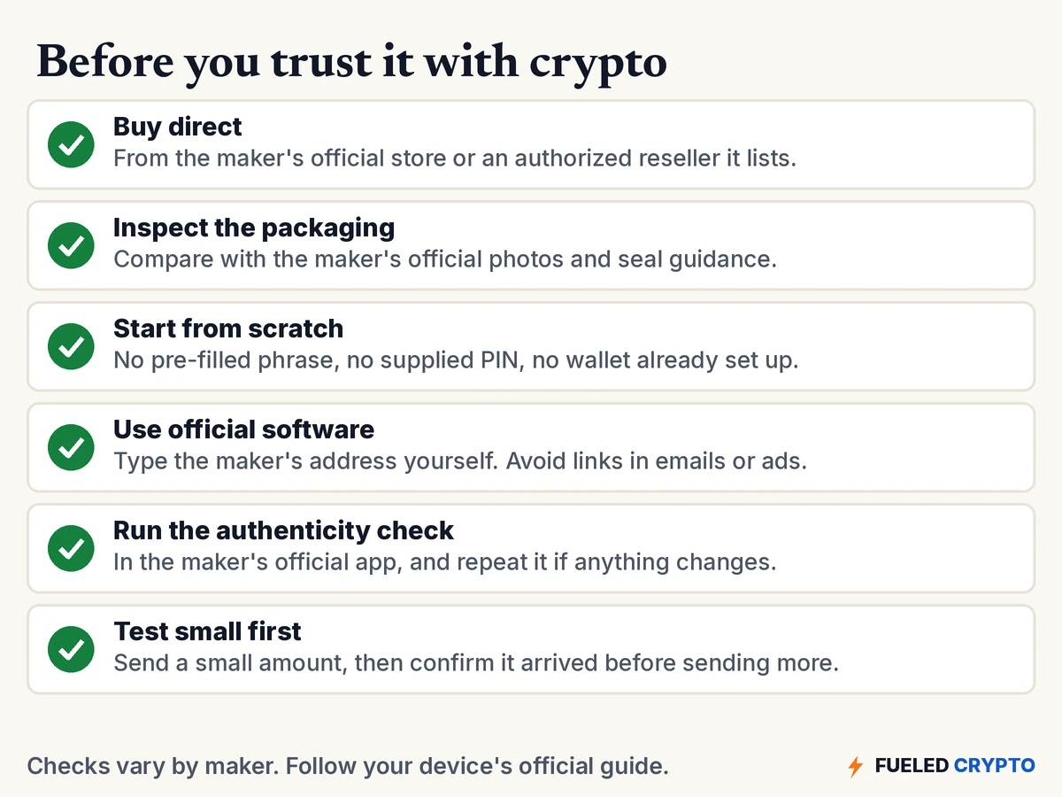 Six-item checklist: buy direct, inspect the packaging, start from scratch, use official software, run the authenticity check, and test with a small amount first.