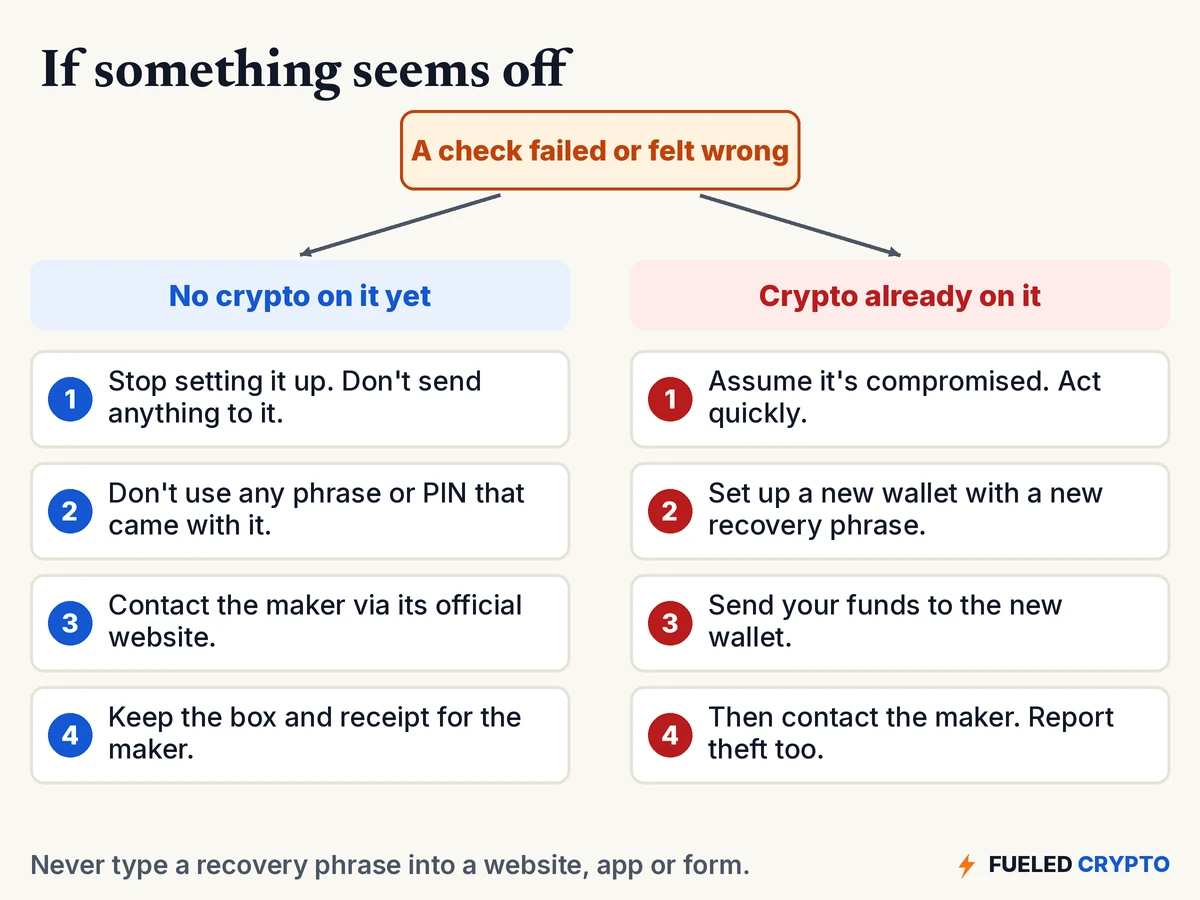 Two paths if a check fails. With no crypto on the device yet: stop, don't use any phrase or PIN that came with it, contact the maker, keep the box. With crypto already on it: assume it's compromised, set up a new wallet with a new phrase, move the funds, then contact the maker and report any theft.