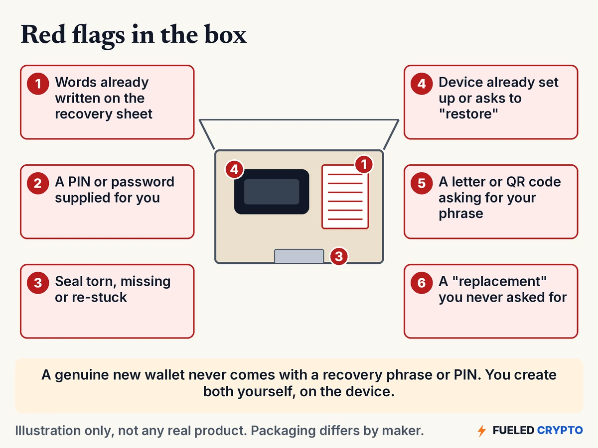 Illustration of an open box with six numbered red flags: words already on the recovery sheet, a supplied PIN, a torn or re-stuck seal, a device already set up, a letter or QR code asking for your phrase, and a replacement you never asked for.