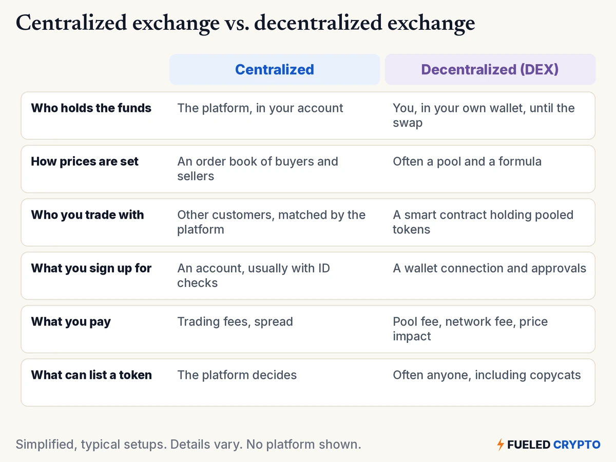 A comparison table, centralized vs. decentralized. Who holds the funds: the platform, in your account, vs. you, in your own wallet, until the swap. How prices are set: an order book of buyers and sellers vs. often a pool and a formula. Who you trade with: other customers matched by the platform vs. a smart contract holding pooled tokens. What you sign up for: an account, usually with ID checks, vs. a wallet connection and approvals. What you pay: trading fees and spread vs. pool fee, network fee and price impact. What can list a token: the platform decides vs. often anyone, including copycats.