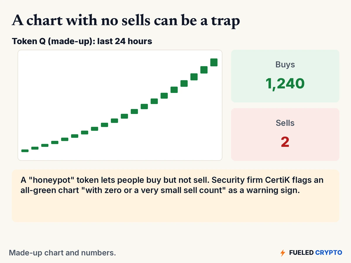 A made-up chart for Token Q over 24 hours showing only rising green candles, next to counters showing 1,240 buys and 2 sells. A note explains that a honeypot token lets people buy but not sell, and CertiK flags an all-green chart with zero or a very small sell count as a warning sign.