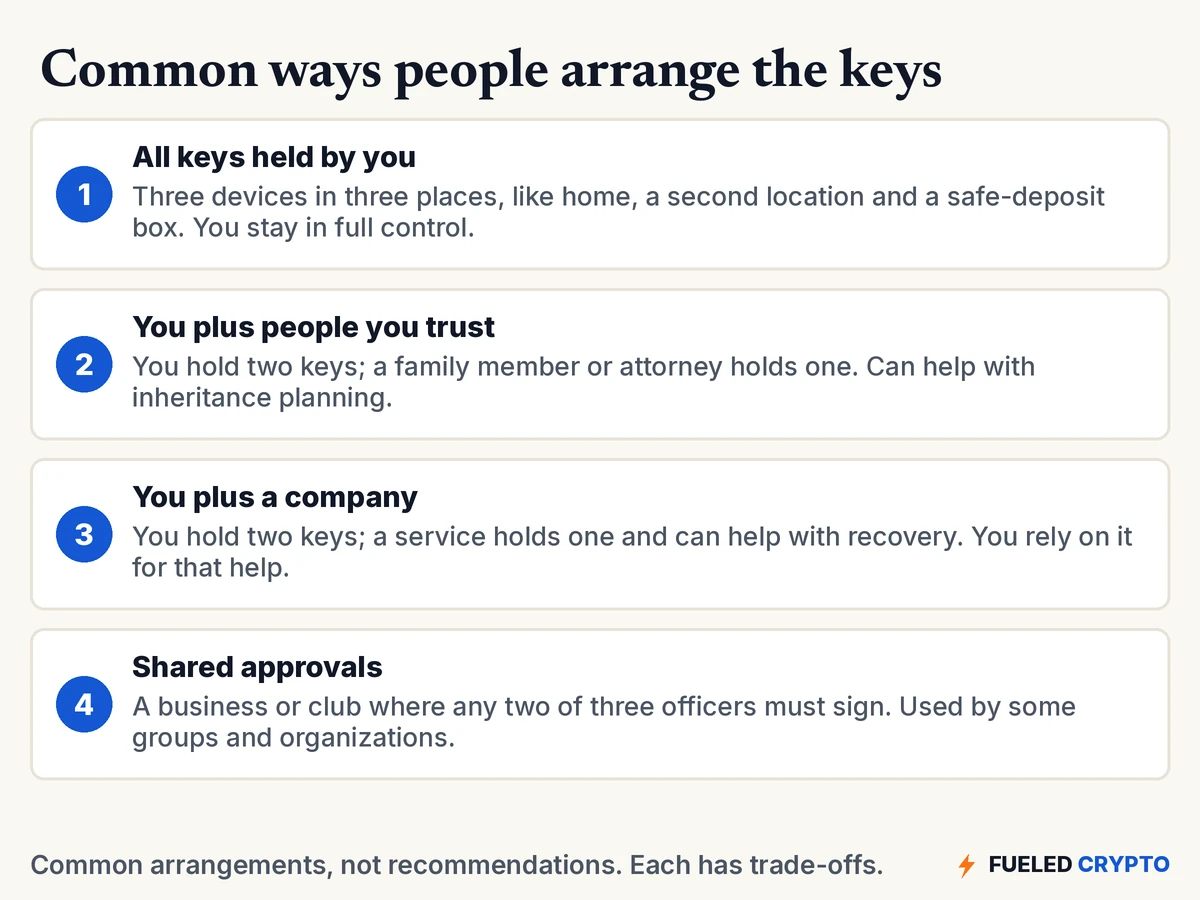 Four common arrangements: all keys held by you in different places; you plus people you trust; you plus a company that holds one key; and shared approvals for a group.