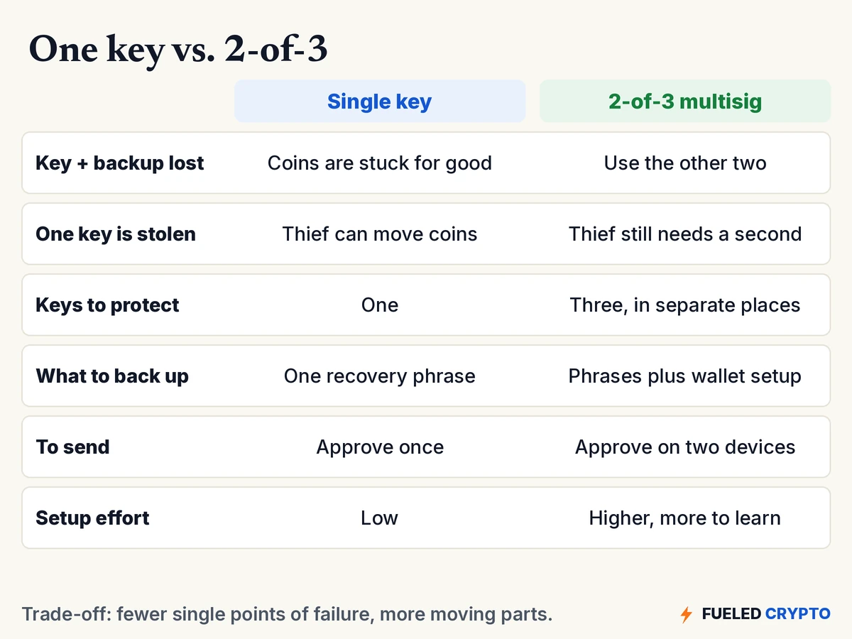 Comparison of a single-key wallet and a 2-of-3 multisig across losing a key and its backup, a stolen key, keys to protect, what to back up, sending and setup effort.