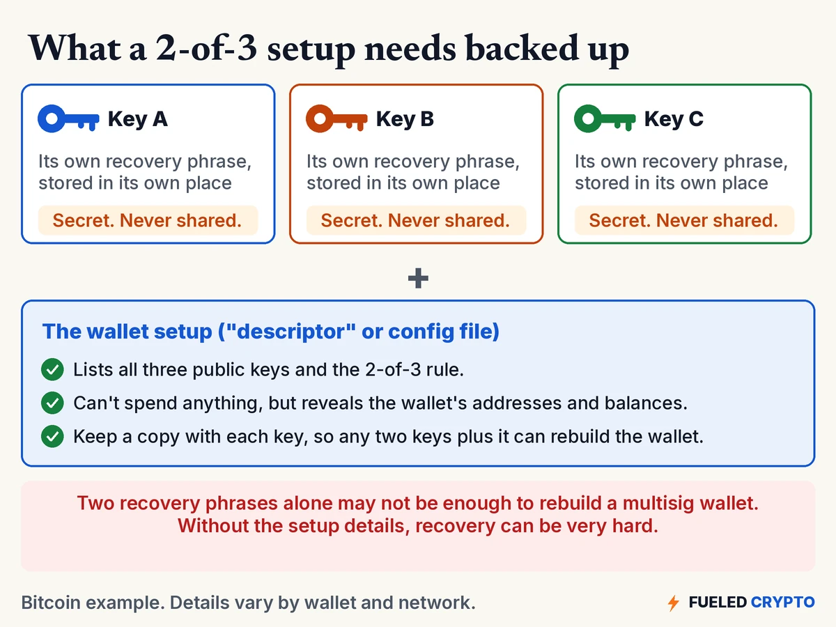 A 2-of-3 setup needs three recovery phrases stored separately, plus the wallet setup (a descriptor or config file) that lists all three public keys and the 2-of-3 rule.