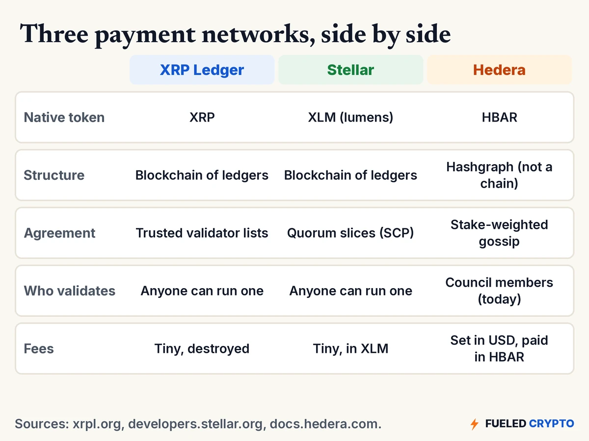 A table comparing the XRP Ledger, Stellar and Hedera. Native token: XRP, XLM, HBAR. Structure: blockchain of ledgers, blockchain of ledgers, hashgraph. Agreement: trusted validator lists, quorum slices, stake-weighted gossip. Who validates: anyone can run one, anyone can run one, Council members today. Fees: tiny and destroyed, tiny in XLM, set in U.S. dollars and paid in HBAR.