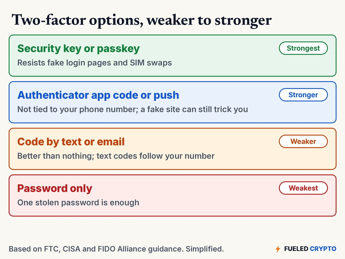 Diagram: four two-factor options from weakest to strongest. Password only: one stolen password is enough. Code by text or email: better than nothing, but text codes follow your phone number. Authenticator app code or push: not tied to your phone number, but a fake site can still trick you. Security key or passkey: resists fake login pages and SIM swaps.