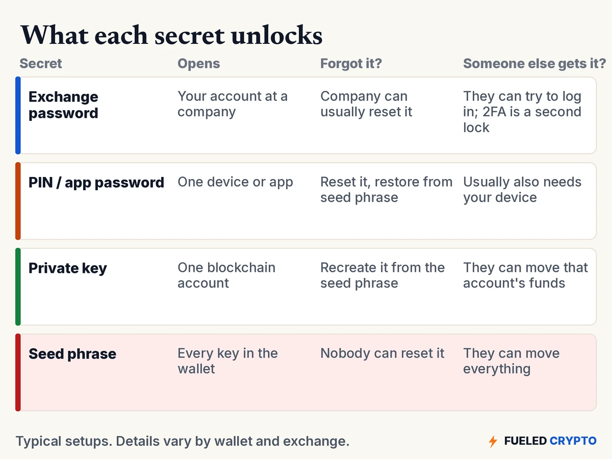 Table comparing an exchange password, a PIN or app password, a private key and a seed phrase: what each opens, what happens if you forget it, and what happens if someone else gets it.