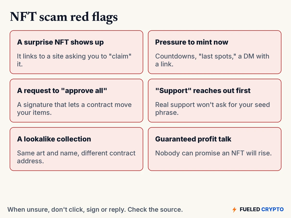 Six red cards: a surprise NFT shows up, pressure to mint now, a request to approve all, support reaches out first, a lookalike collection, guaranteed profit talk.