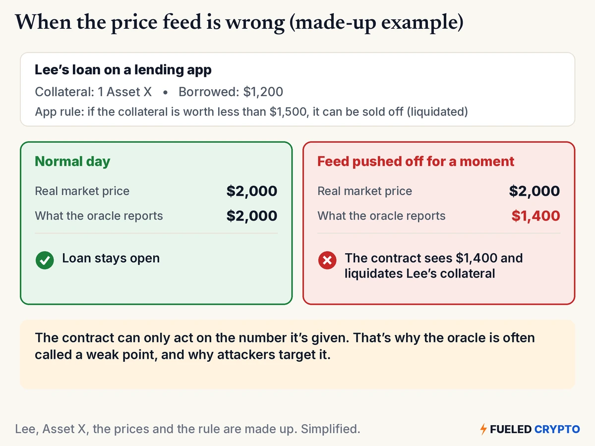 A made-up loan. Lee has 1 Asset X as collateral and borrowed 1,200 dollars, and the app can sell the collateral if it's worth less than 1,500 dollars. On a normal day the real price and oracle price are both 2,000 dollars and the loan stays open. When the feed is pushed off for a moment, the real price is still 2,000 dollars but the oracle reports 1,400 dollars, and the contract liquidates Lee's collateral.