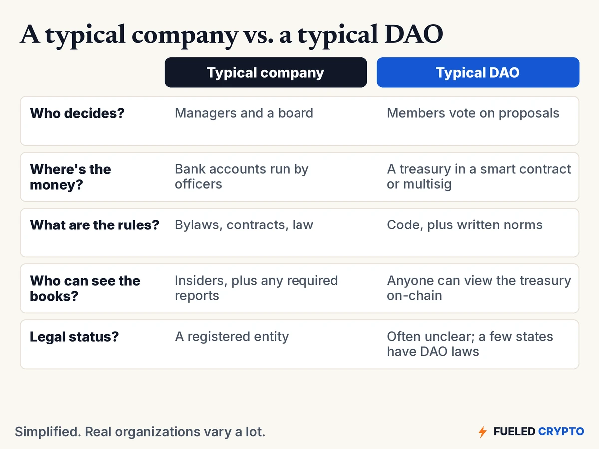 Comparison table. Typical company vs. typical DAO. Who decides: managers and a board vs. members vote on proposals. Where's the money: bank accounts run by officers vs. a treasury in a smart contract or multisig. Rules: bylaws, contracts, law vs. code plus written norms. Who can see the books: insiders plus any required reports vs. anyone can view the treasury on-chain. Legal status: a registered entity vs. often unclear, with a few states having DAO laws.