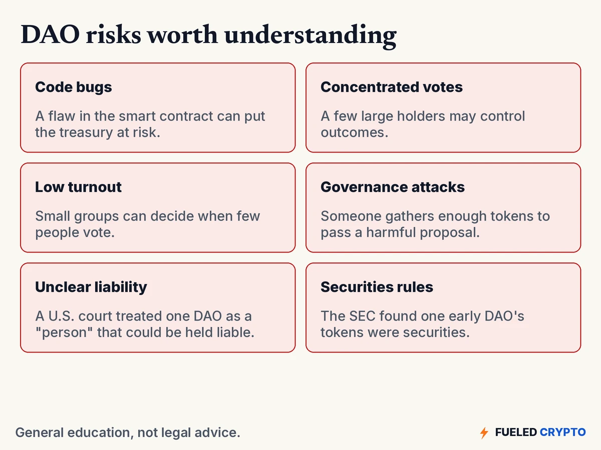 Six risk cards: code bugs, concentrated votes, low turnout, governance attacks, unclear liability, and securities rules.