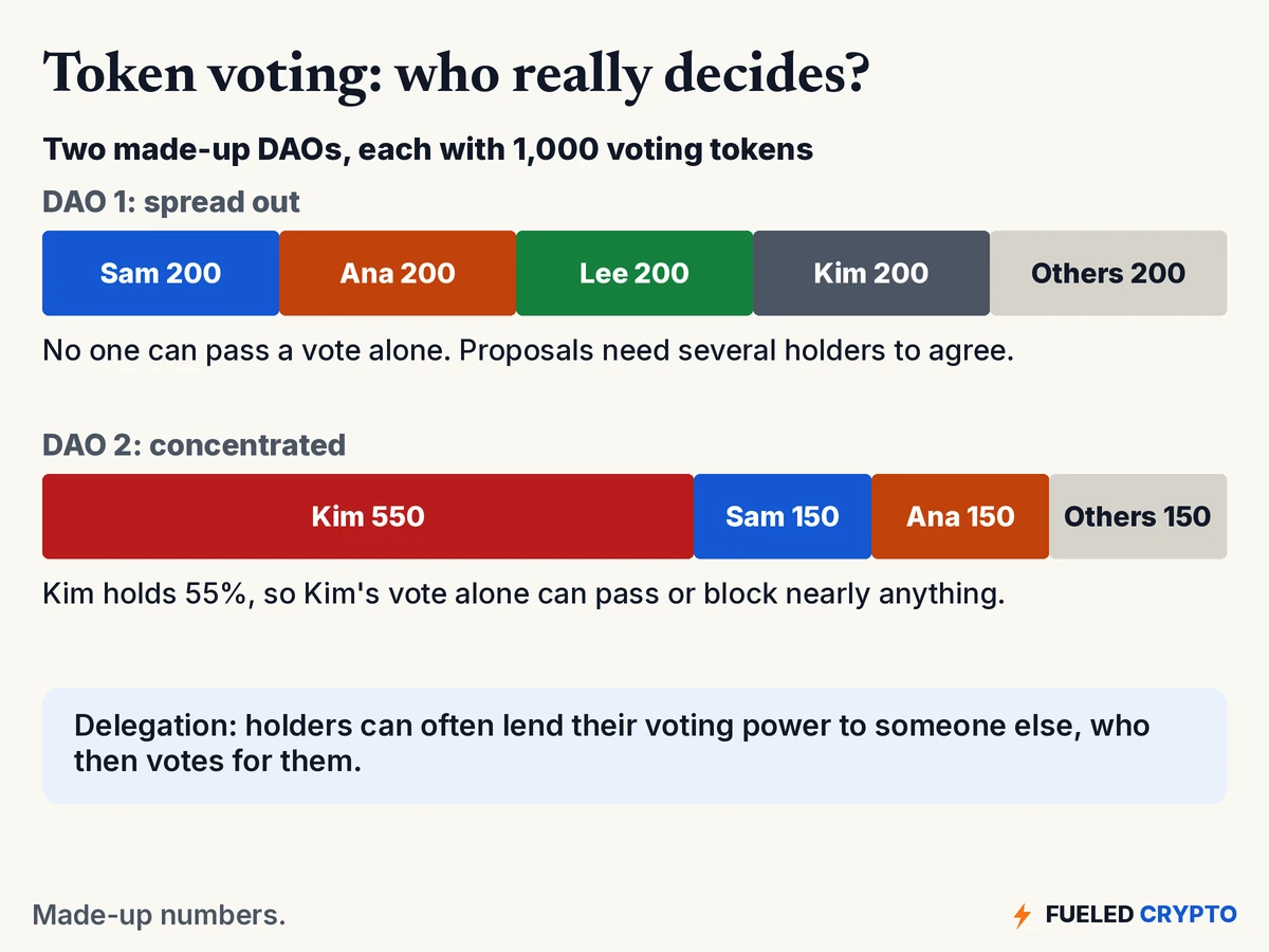 Two bars, each 1,000 made-up voting tokens. DAO 1 is spread out: Sam, Ana, Lee, Kim and others each hold 200, so no one can pass a vote alone. DAO 2 is concentrated: Kim holds 550, so Kim's vote alone can pass or block nearly anything. A note explains delegation.