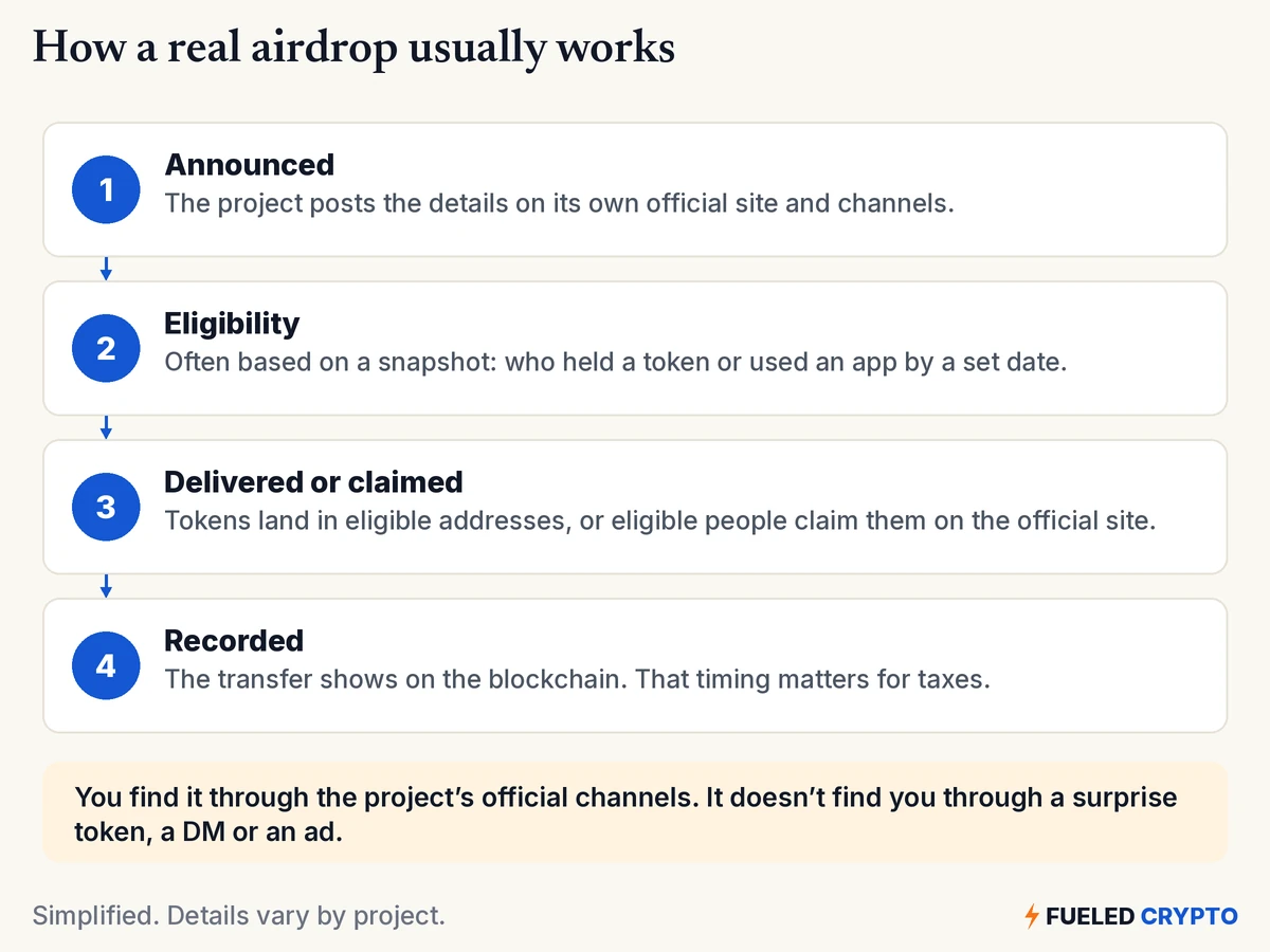 Four steps. 1, Announced: the project posts details on its own official site and channels. 2, Eligibility: often based on a snapshot of who held a token or used an app by a set date. 3, Delivered or claimed: tokens land in eligible addresses, or eligible people claim them on the official site. 4, Recorded: the transfer shows on the blockchain, and that timing matters for taxes.