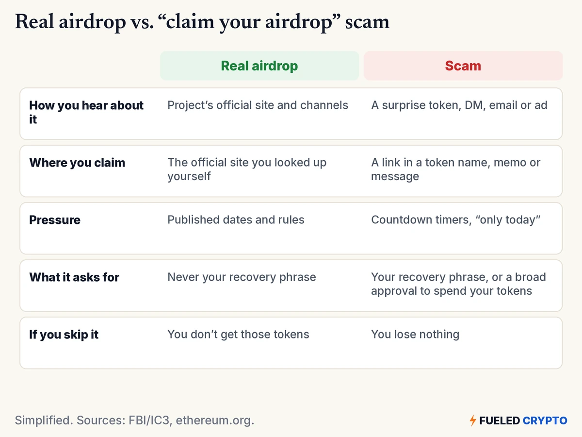 A comparison table. How you hear about it: real, the project's official site and channels; scam, a surprise token, DM, email or ad. Where you claim: real, the official site you looked up yourself; scam, a link in a token name, memo or message. Pressure: real, published dates and rules; scam, countdown timers and only-today offers. What it asks for: real, never your recovery phrase; scam, your recovery phrase or a broad approval to spend your tokens. If you skip it: real, you don't get those tokens; scam, you lose nothing.
