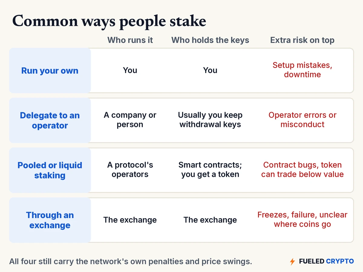 A table titled "Common ways people stake." Rows: run your own (you run it, you hold keys, risk of setup mistakes and downtime); delegate to an operator (a company or person runs it, you usually keep withdrawal keys, risk of operator errors or misconduct); pooled or liquid staking (a protocol's operators run it, smart contracts hold funds and you get a token, risk of contract bugs and the token trading below value); through an exchange (the exchange runs it and holds keys, risk of freezes, failure or unclear handling). Footer: all four still carry the network's own penalties and price swings.