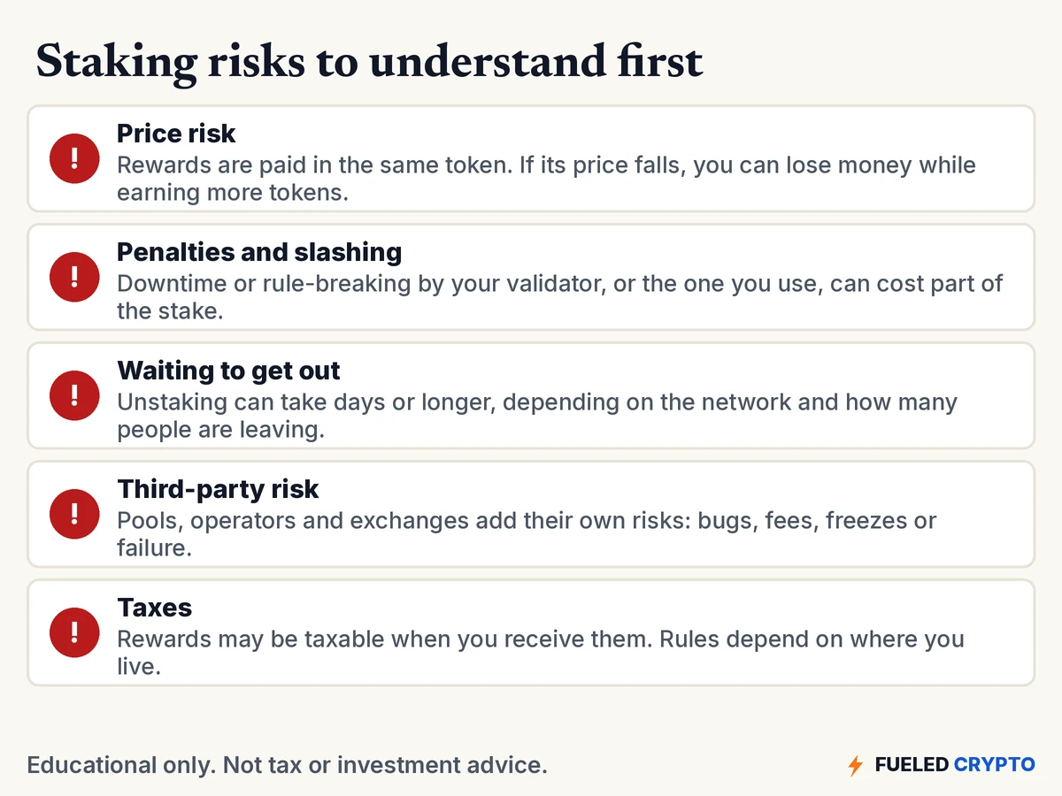 A checklist titled "Staking risks to understand first." Price risk: rewards are paid in the same token, so you can lose money while earning more tokens. Penalties and slashing: downtime or rule-breaking can cost part of the stake. Waiting to get out: unstaking can take days or longer. Third-party risk: pools, operators and exchanges add bugs, fees, freezes or failure. Taxes: rewards may be taxable when received, depending on where you live.