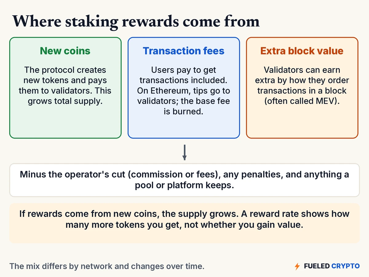 A diagram titled "Where staking rewards come from." Three boxes: New coins, where the protocol creates new tokens and pays them to validators, growing total supply; Transaction fees, where users pay to get transactions included and on Ethereum tips go to validators while the base fee is burned; and Extra block value, often called MEV. An arrow points to a note: minus the operator's cut, any penalties, and anything a pool or platform keeps. A second note: if rewards come from new coins, the supply grows, and a reward rate shows how many more tokens you get, not whether you gain value.